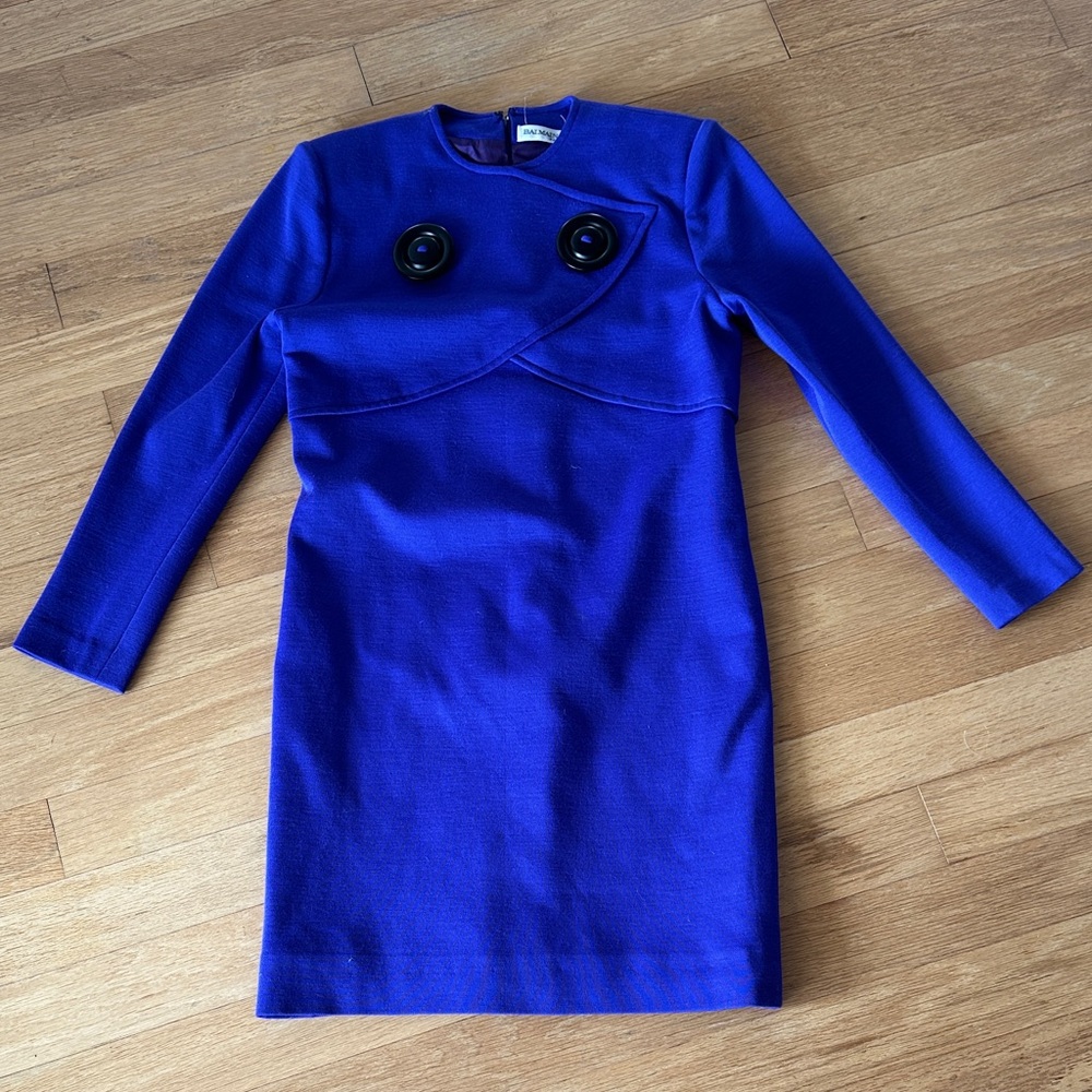 Purple Long Sleeve Shift Dress with Decorative Buttons - Vintage Balmain